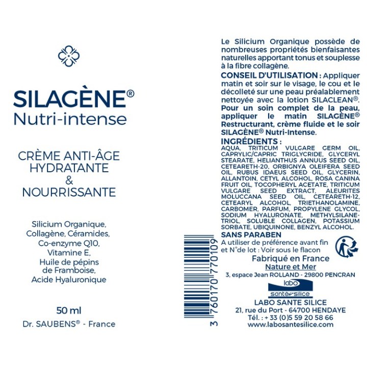 Notice Silagène® Nuit Nutri-Intense - Anti-rides hydratant - Flacon Airless 50 ml - Labo Santé Silice 2024