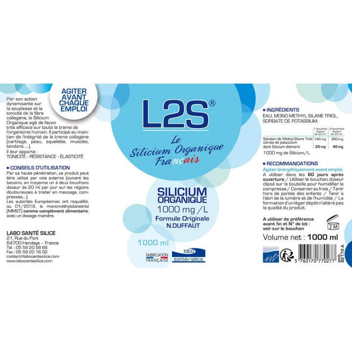 Notice L2S® Silicium organique reminéralisant - Flacon 1 litre - Labo Santé Silice 2024