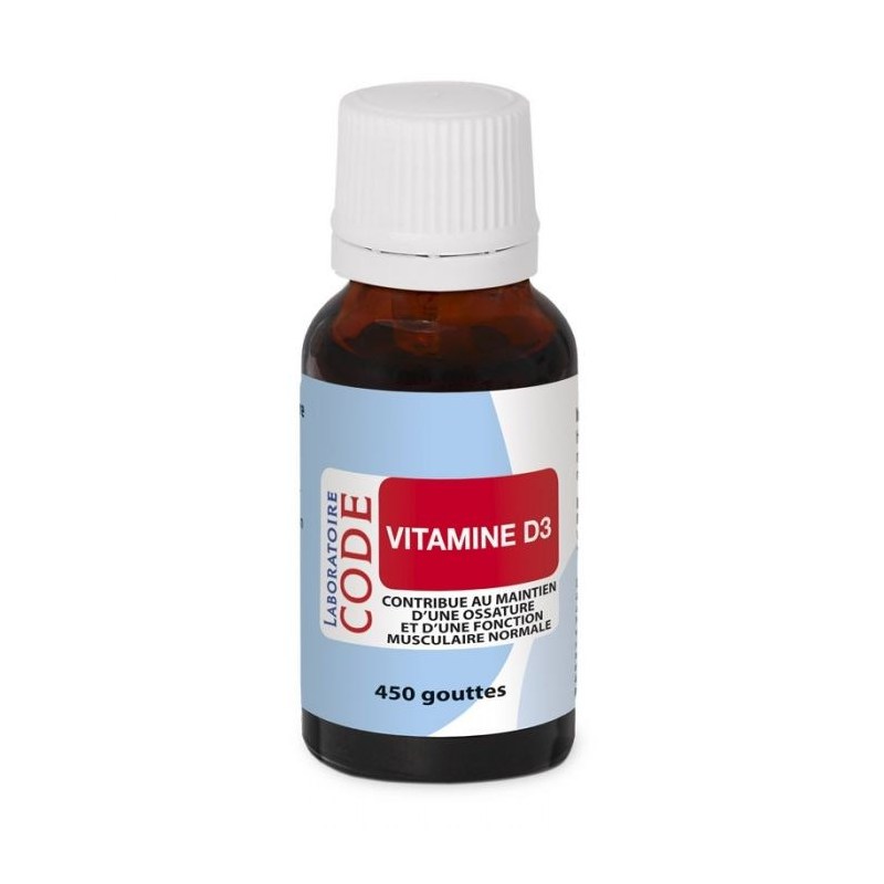 Vitamine D3 naturelle - Flacon compte-gouttes de 20 ml - Laboratoire Code - 2021