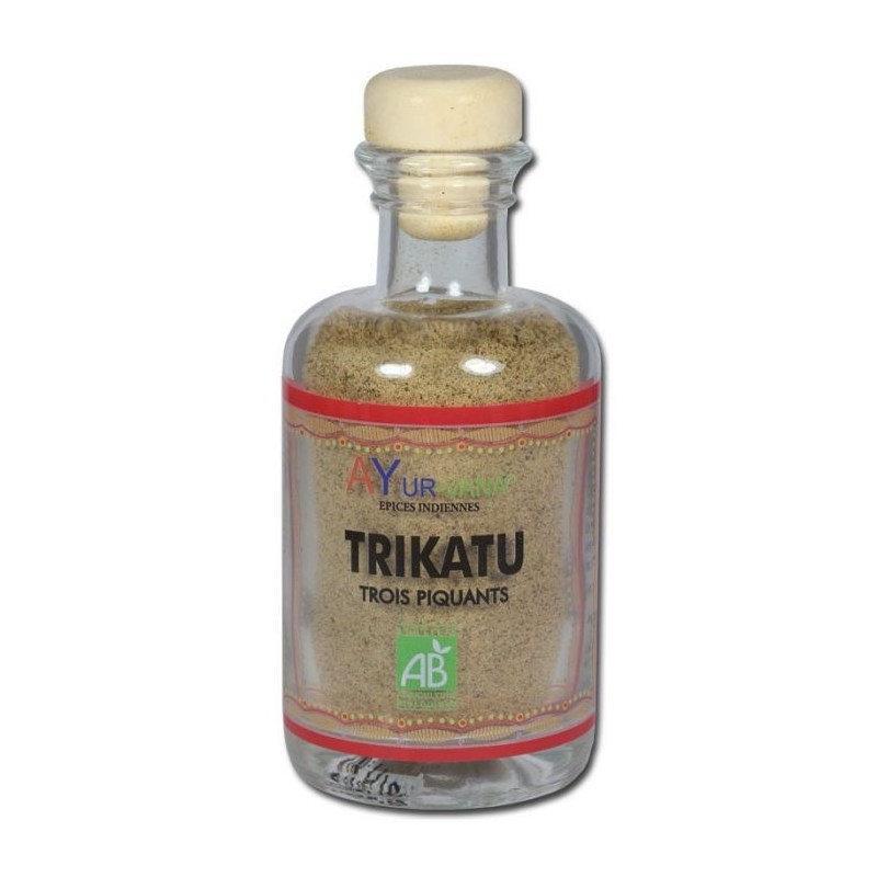 Trikatu (poivre noir, poivre long, gingembre) épice - Flacon en vert de 50 g - Ayurvana