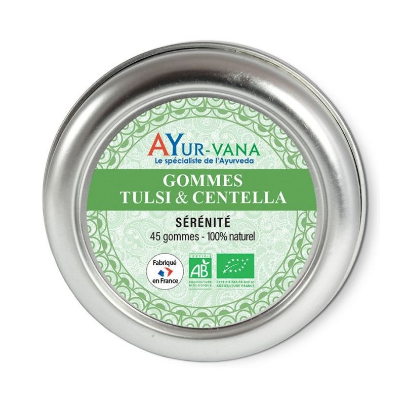 Gommes Tulsi et Centella Asiatica Bio - Boîte de 45 g (45 gommes) - Ayurvana