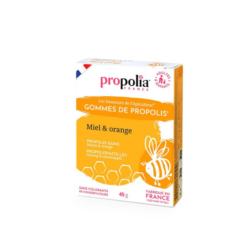 Gommes de Propolis Miel et Orange - Sachet de 45 g sous étui - Propolia