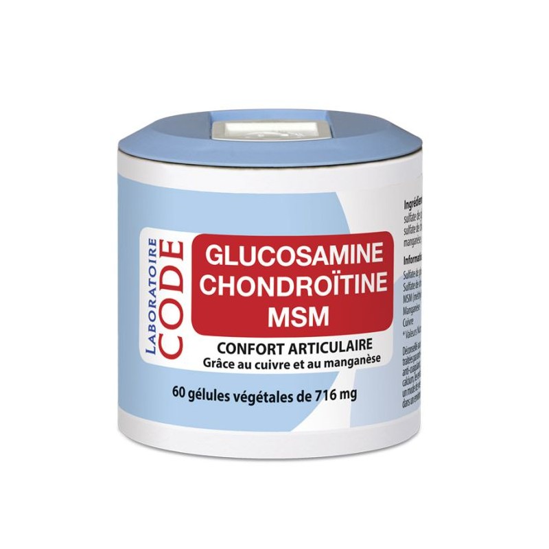 Glucosamine et Chondroïtine MSM - Pilulier de 60 gélules végétales - Laboratoire Code