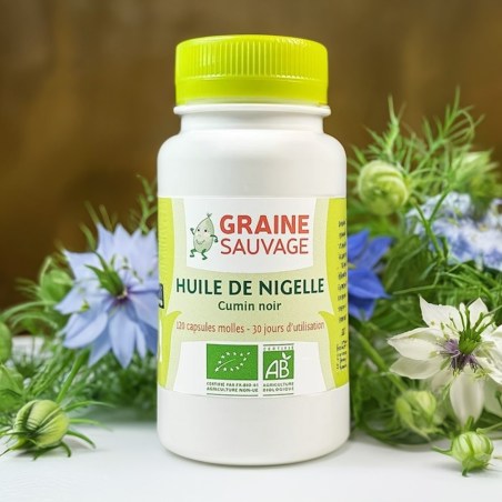 Fleurs de Nigelle et flacon d'Huile de Nigelle Bio - 120 capsules - Graine Sauvage