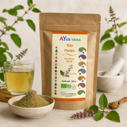 Tulsi Bio en poudre – 150 g
Ayur-vana et feuille de tulsi